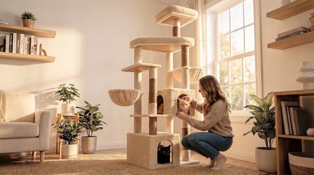 Cat tree in a living room, two cats and their person