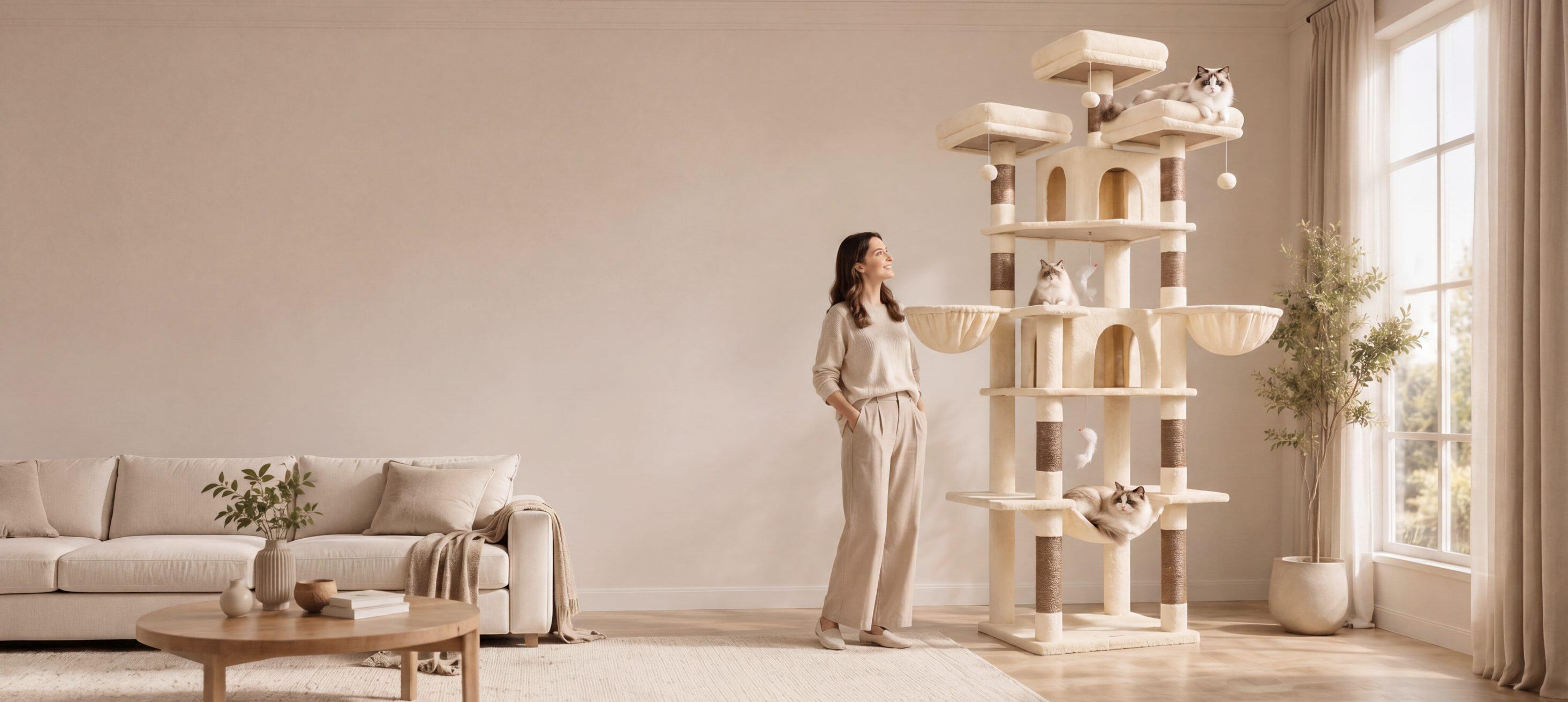 Woman watching her cat on a Globlazer cat tree in a cozy living room