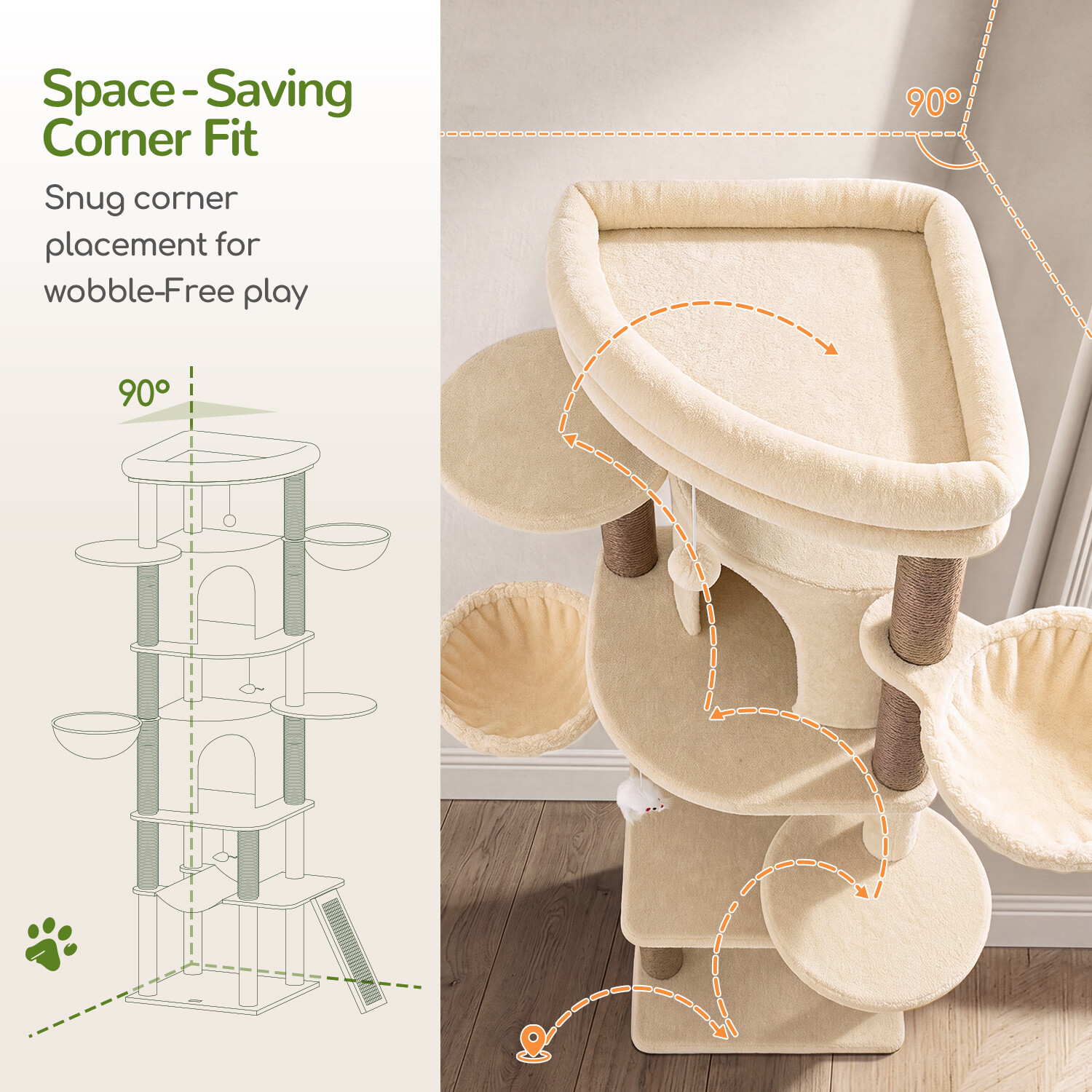 C73 Corner Cat Tree (Beige,73-inch)