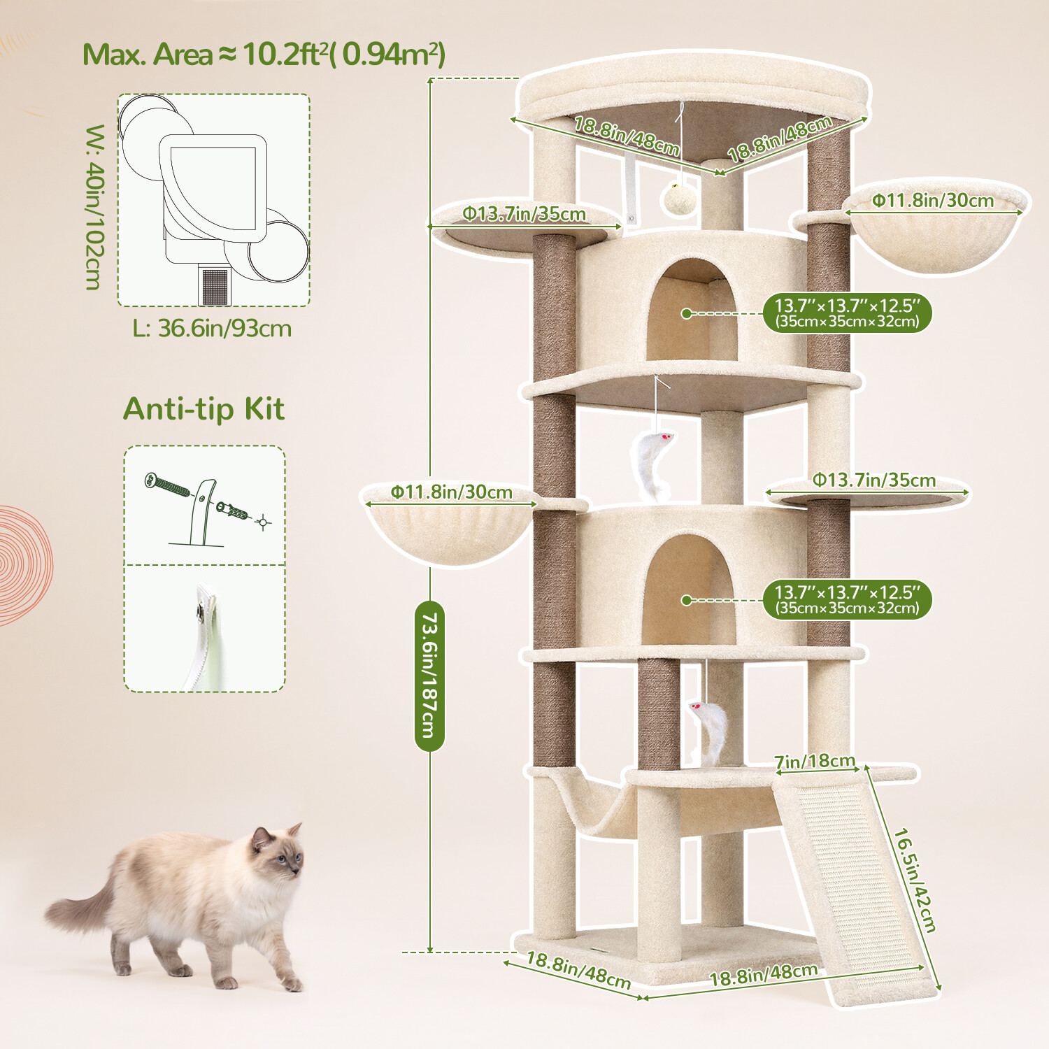C73 Corner Cat Tree (Beige,73-inch)