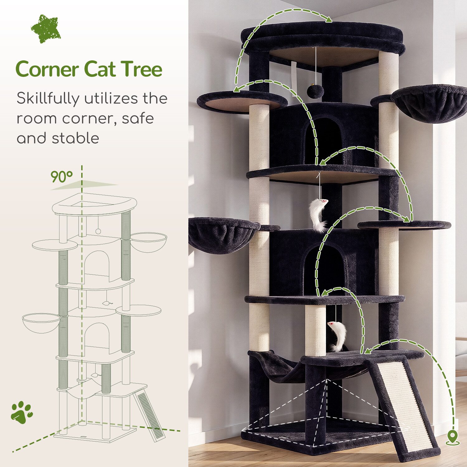 C73 Corner Cat Tree (Dark Grey,73-inch)
