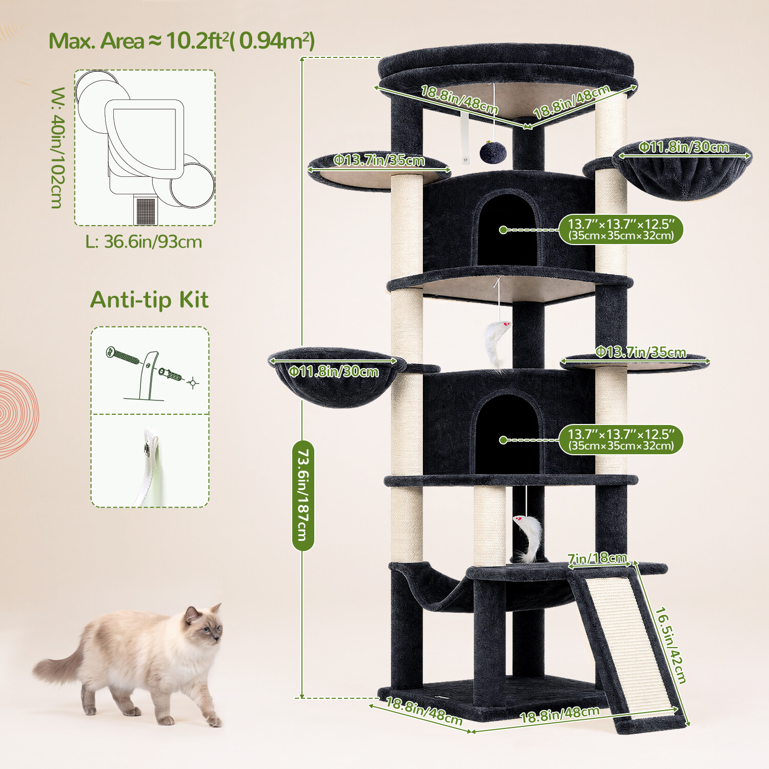 C73 Corner Cat Tree (Dark Grey,73-inch)