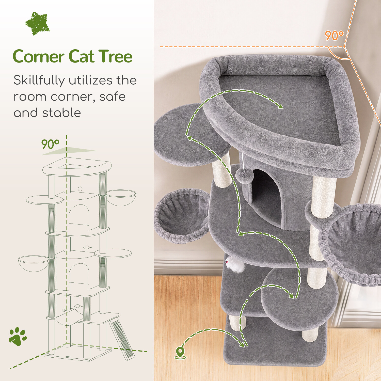 C73 Corner Cat Tree (Light Grey,73-inch)