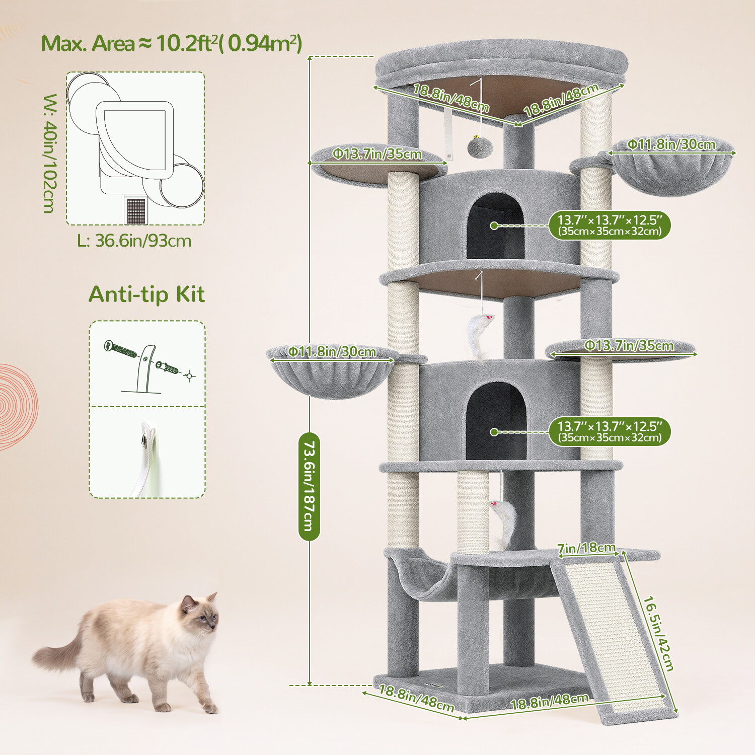 C73 Corner Cat Tree (Light Grey,73-inch)