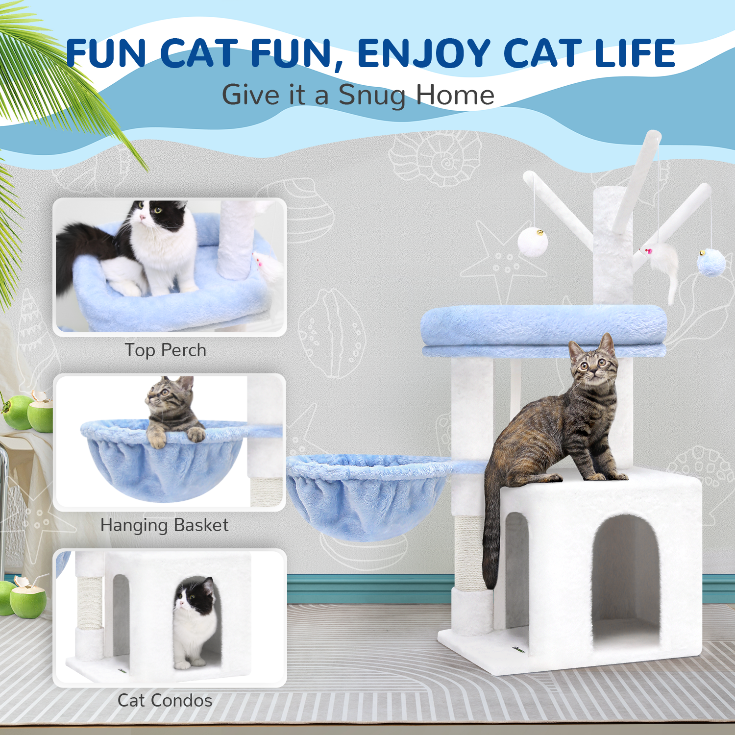 F37 Small Cat Tree(Ocean Blue,37-inch)