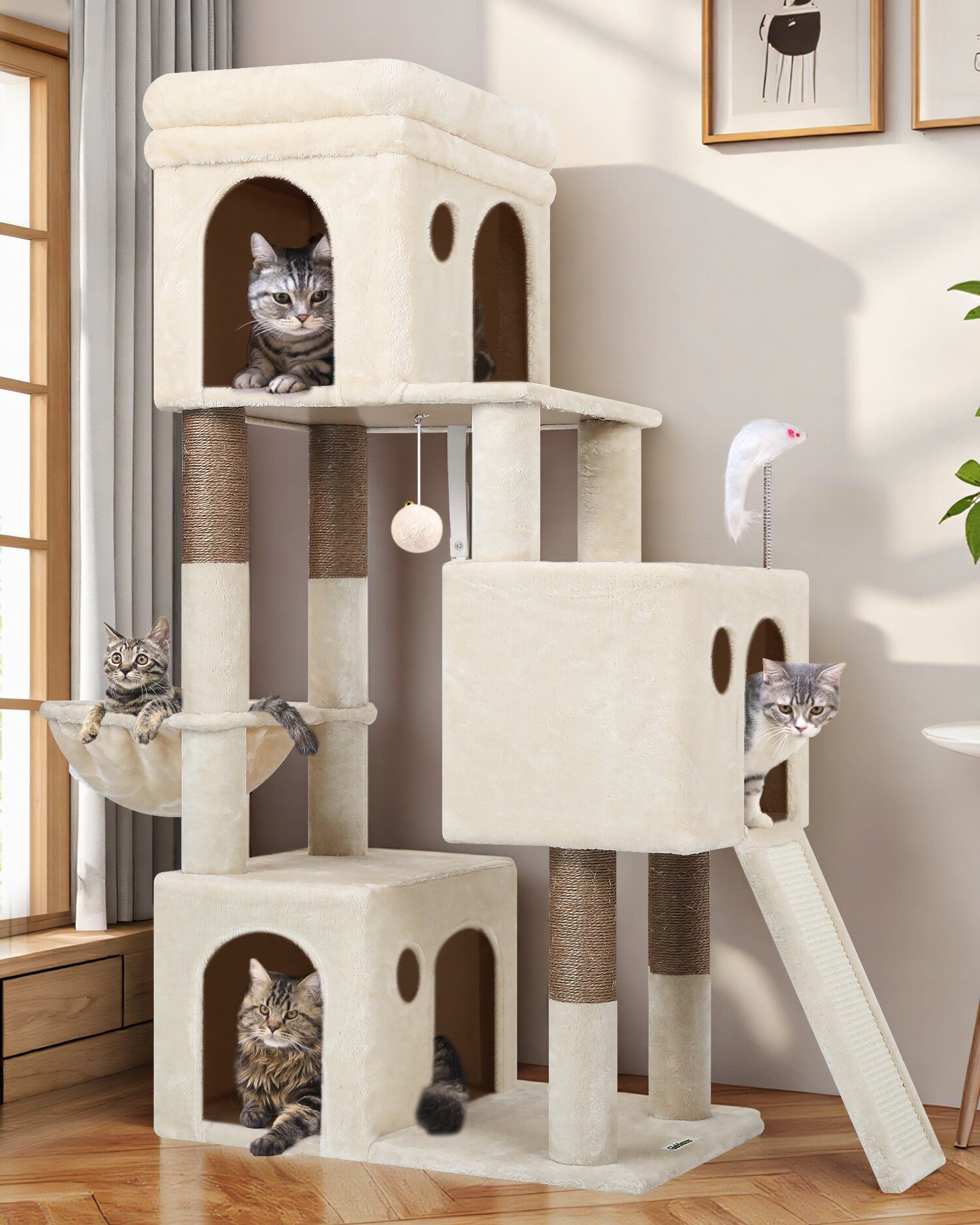 F52B キャットタワー 多頭飼い (ベージュ, 約 130 cm)