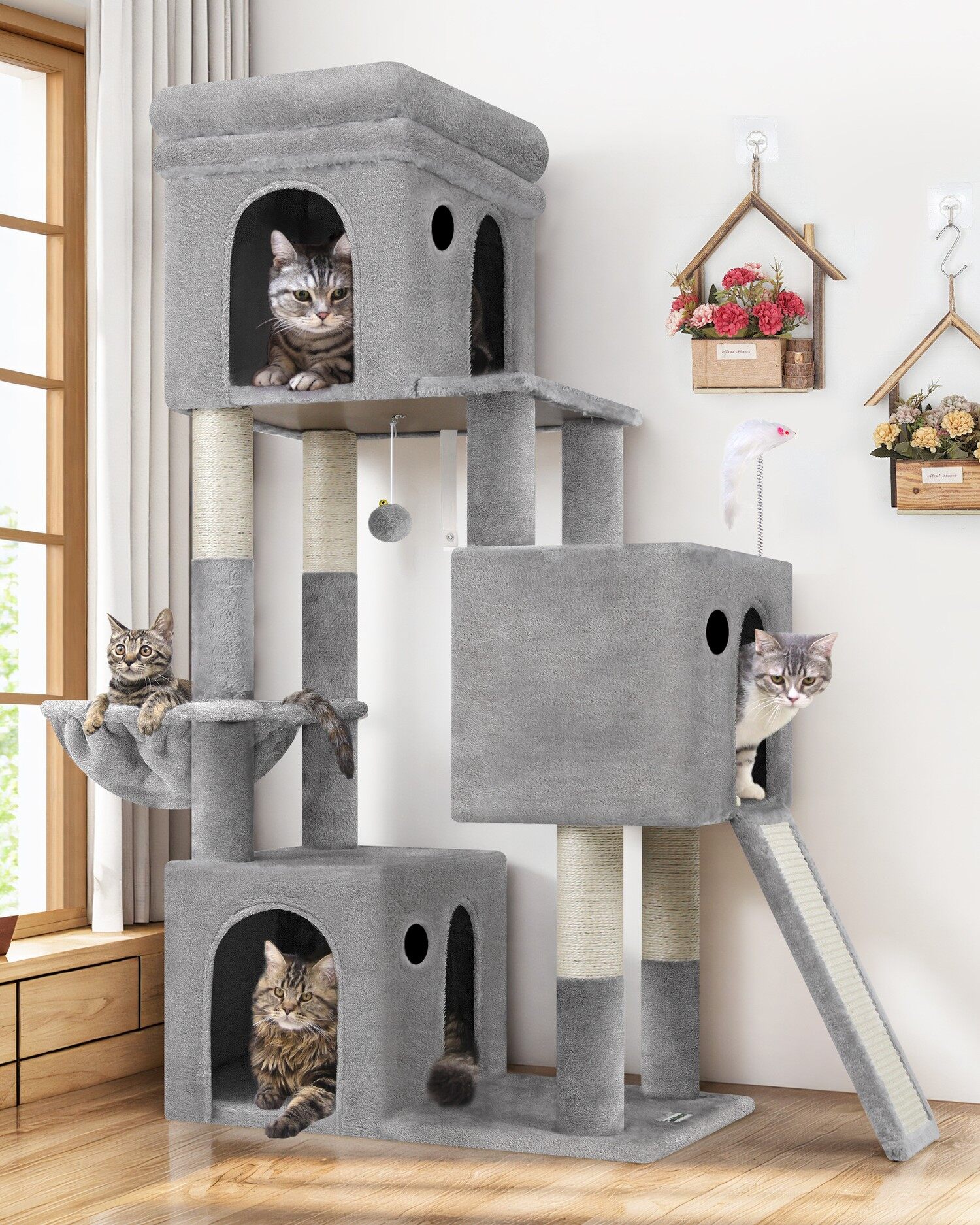 F52B キャットタワー 多頭飼い (ライトグレー, 約 130 cm)