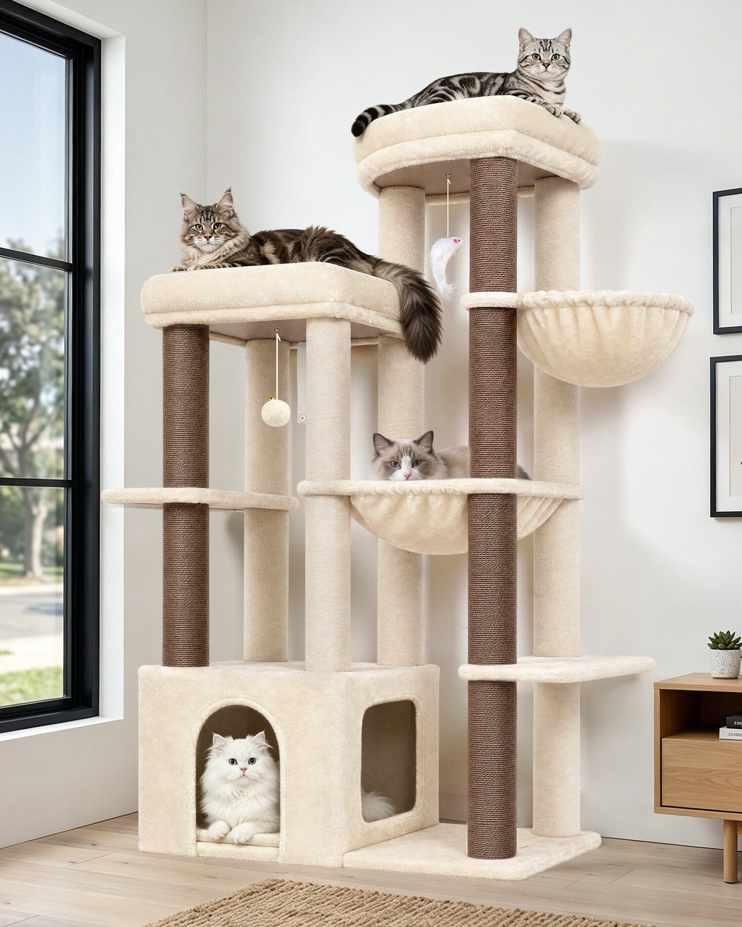 F57B キャットタワー 大型猫用 多頭飼い (ベージュ, 約 140 cm)