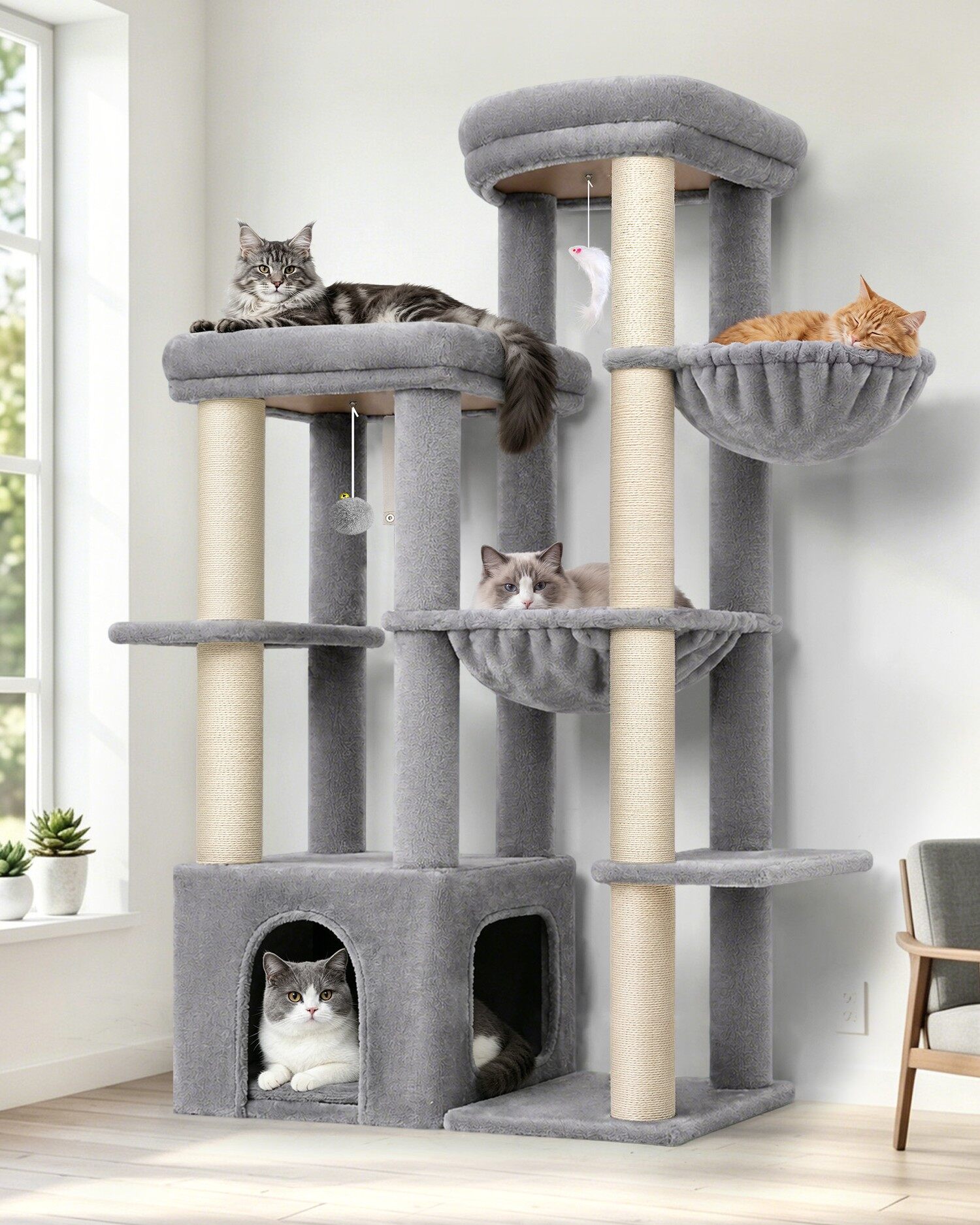 F57B キャットタワー 大型猫用 多頭飼い (ライトグレー, 約 140 cm)