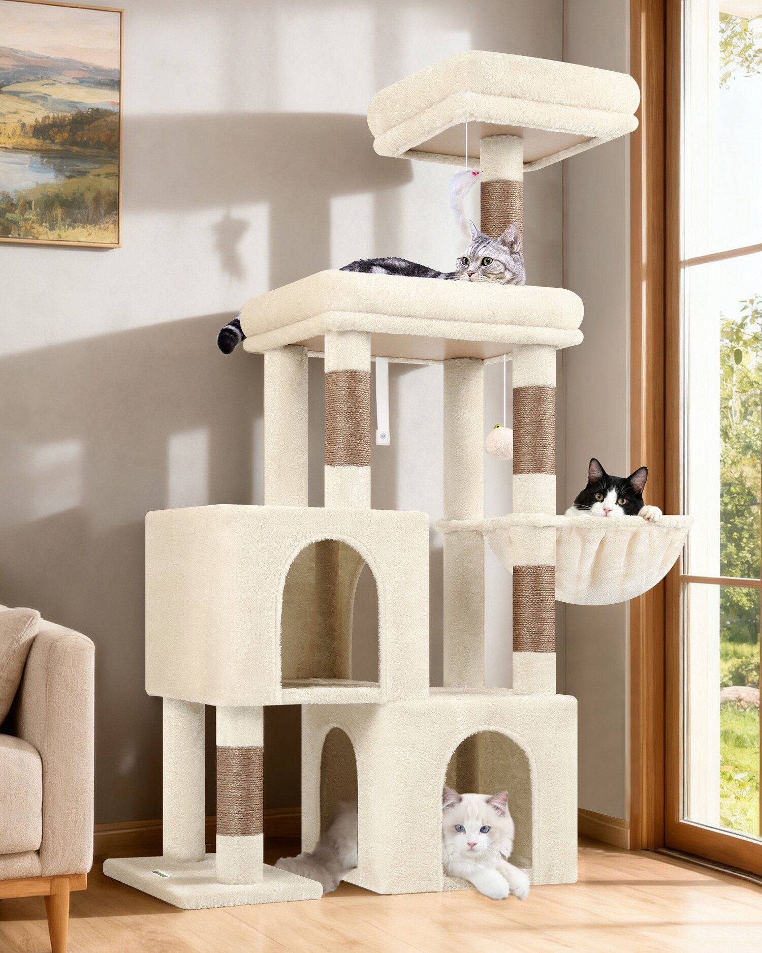 S52 キャットタワー 多頭飼い (ベージュ, 約 130 cm)