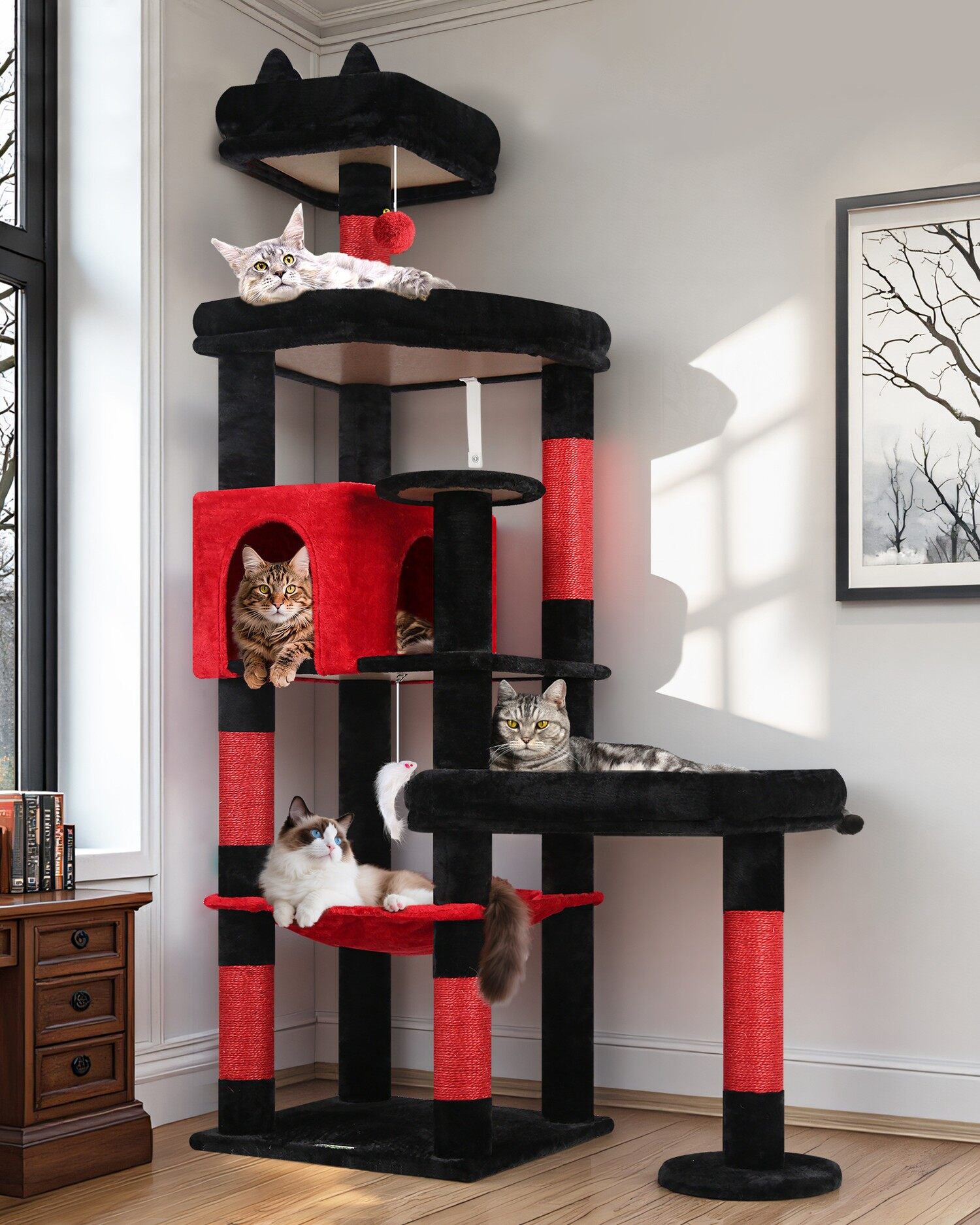 S65 Kratzbaum Maine Coon (Gotisch Rot-Schwarz, ca. 165 cm)