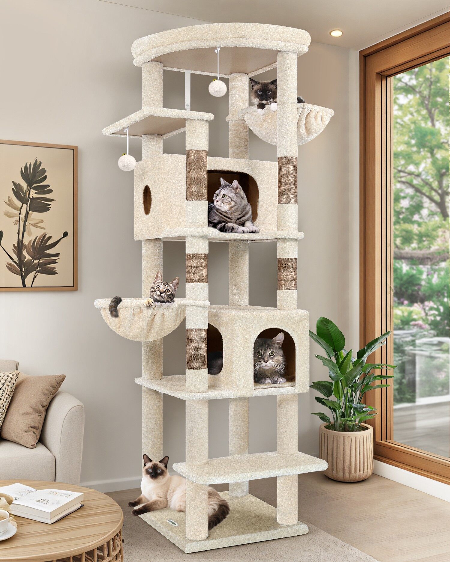 S74 キャットタワー 大型猫用 (ベージュ, 約 185 cm)
