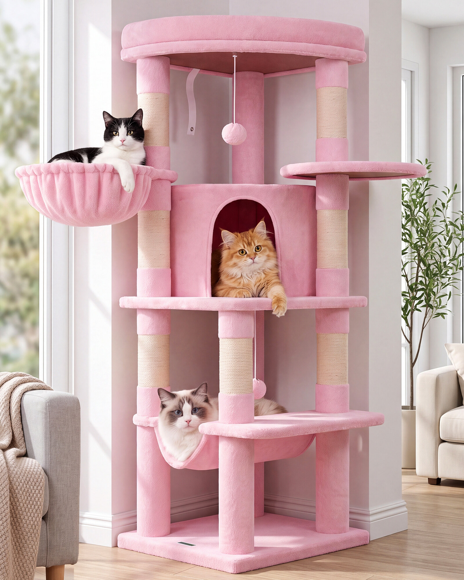 C51 Corner Cat Tree (Pink, 51-inch)