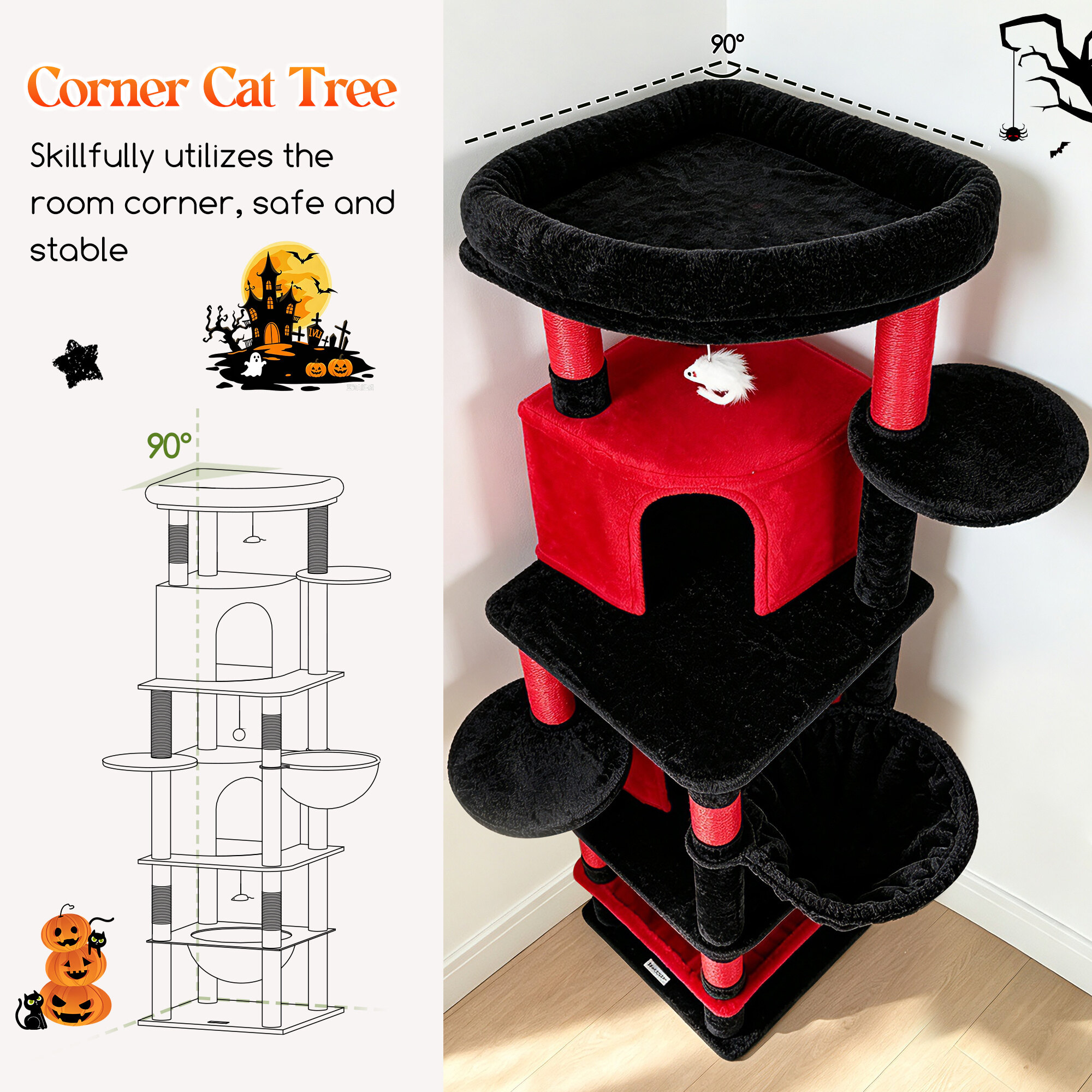 C68 Corner Cat Tree (Gothic Red Black, 68-inch)