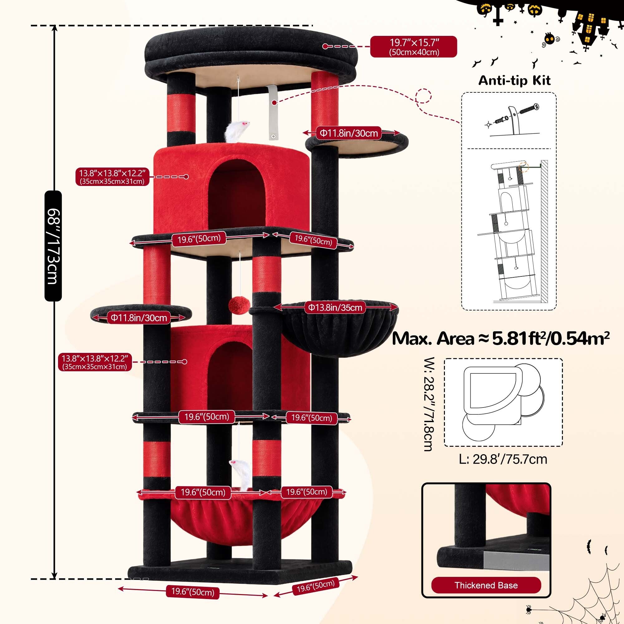 C68 Corner Cat Tree (Gothic Red Black, 68-inch)