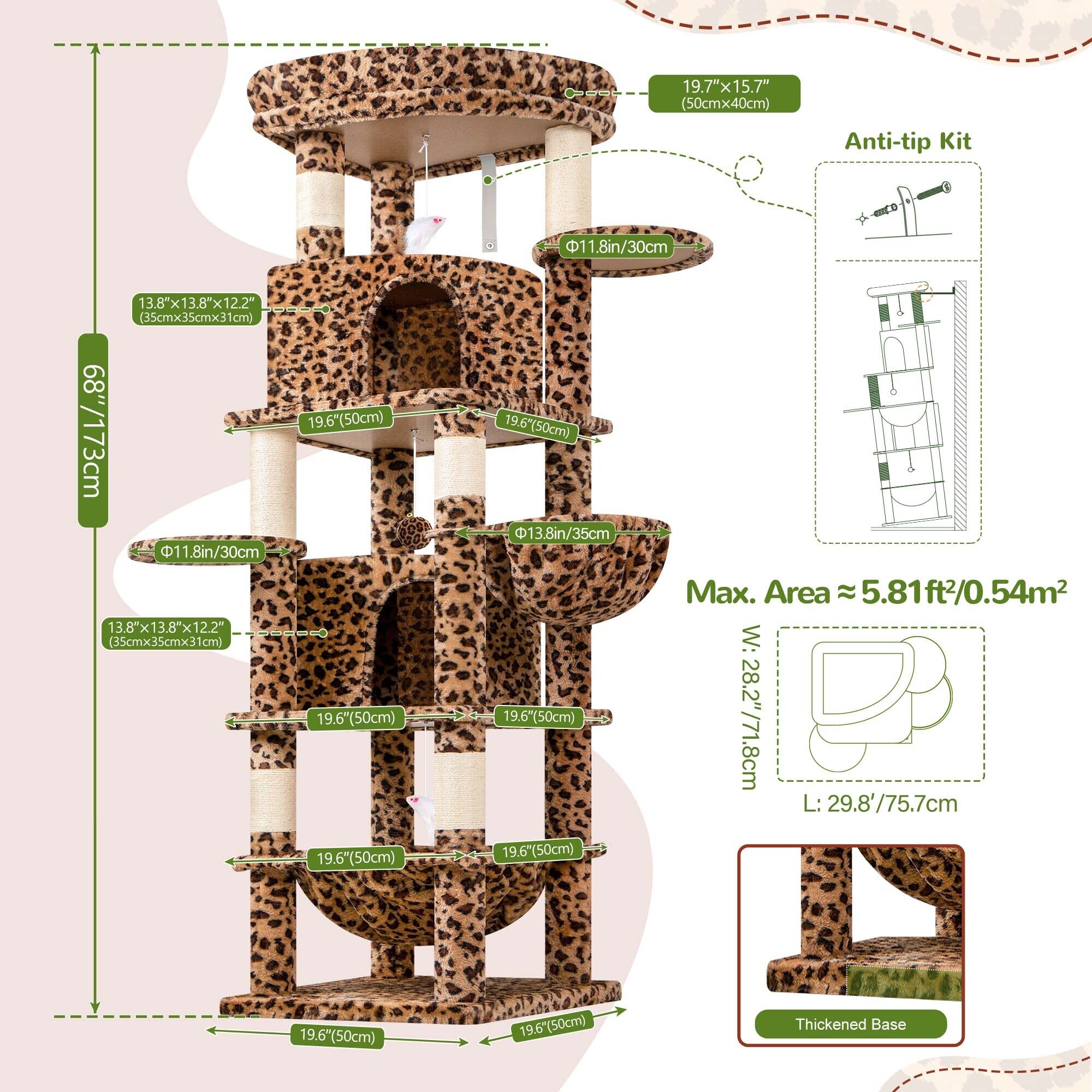 C68 Corner Cat Tree (Leopard Print, 68-inch)