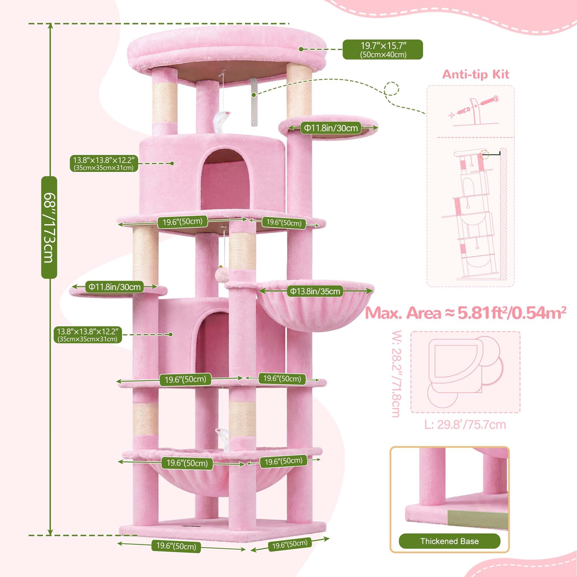 C68 Corner Cat Tree (Pink, 68-inch)