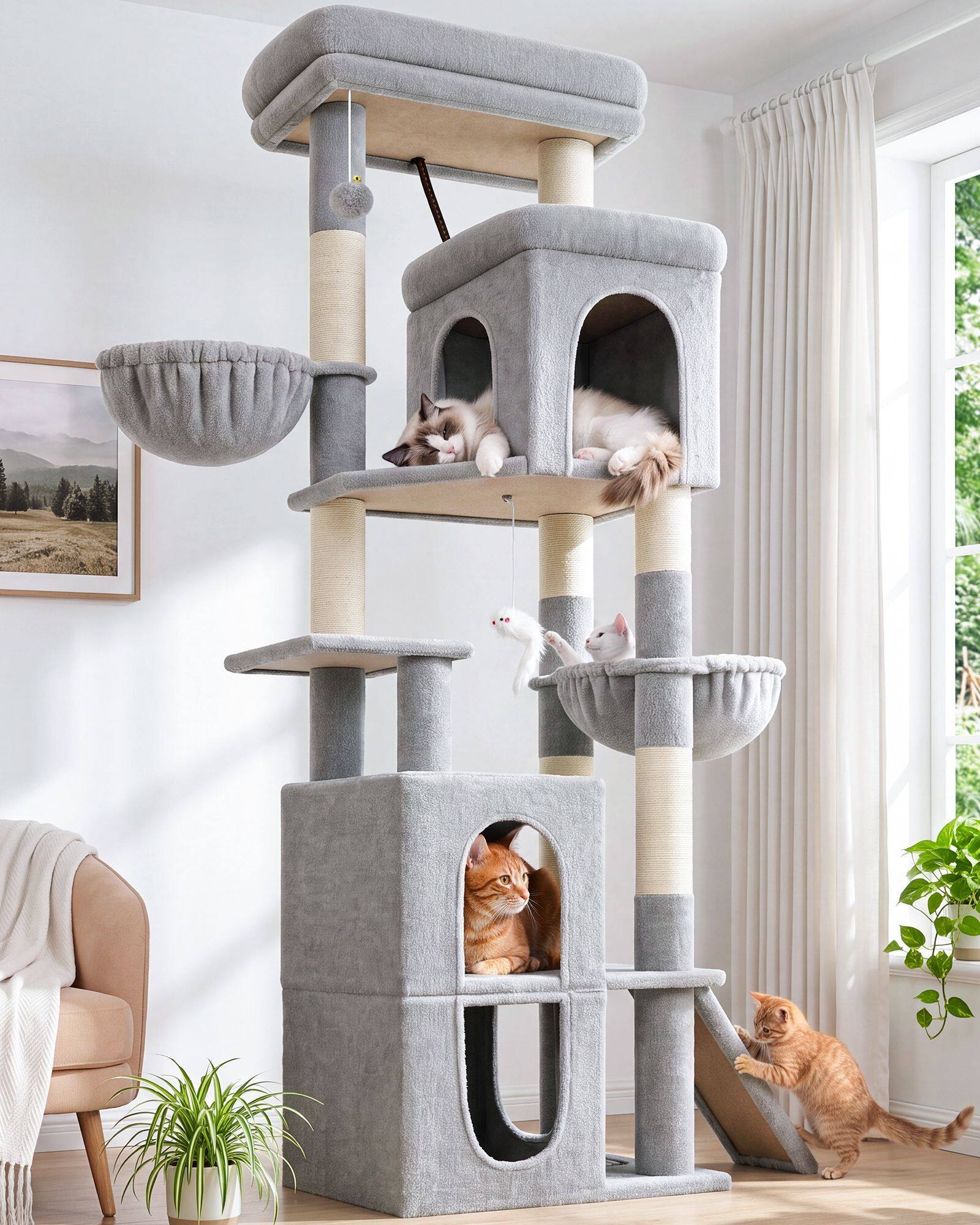 F70F Cat Tree Tower (Light Grey,70-inch)