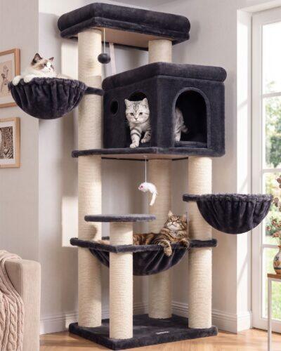 S65G Thick Cat Scratching Post Tree (Dark Grey, 65-inch)