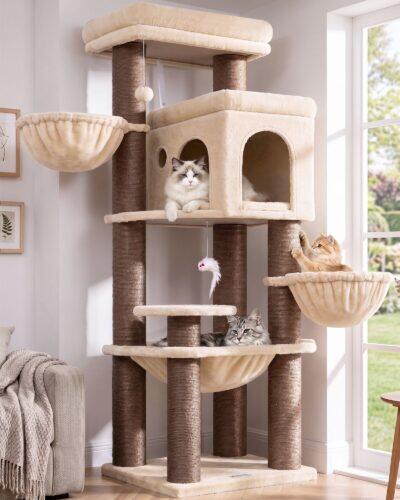 S65G Thick Cat Scratching Post Tree (Beige, 65-inch)