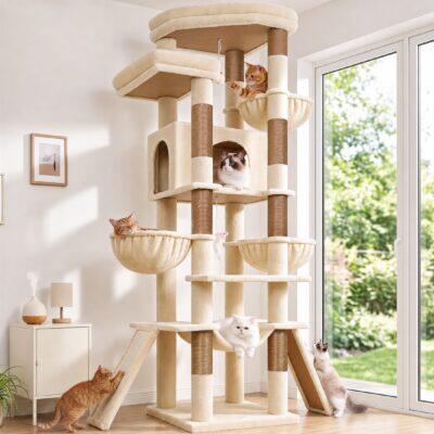 Globlazer 75″ Cat Tree Tower Condo with Scratching Post for Indoor Cats, Light Grey