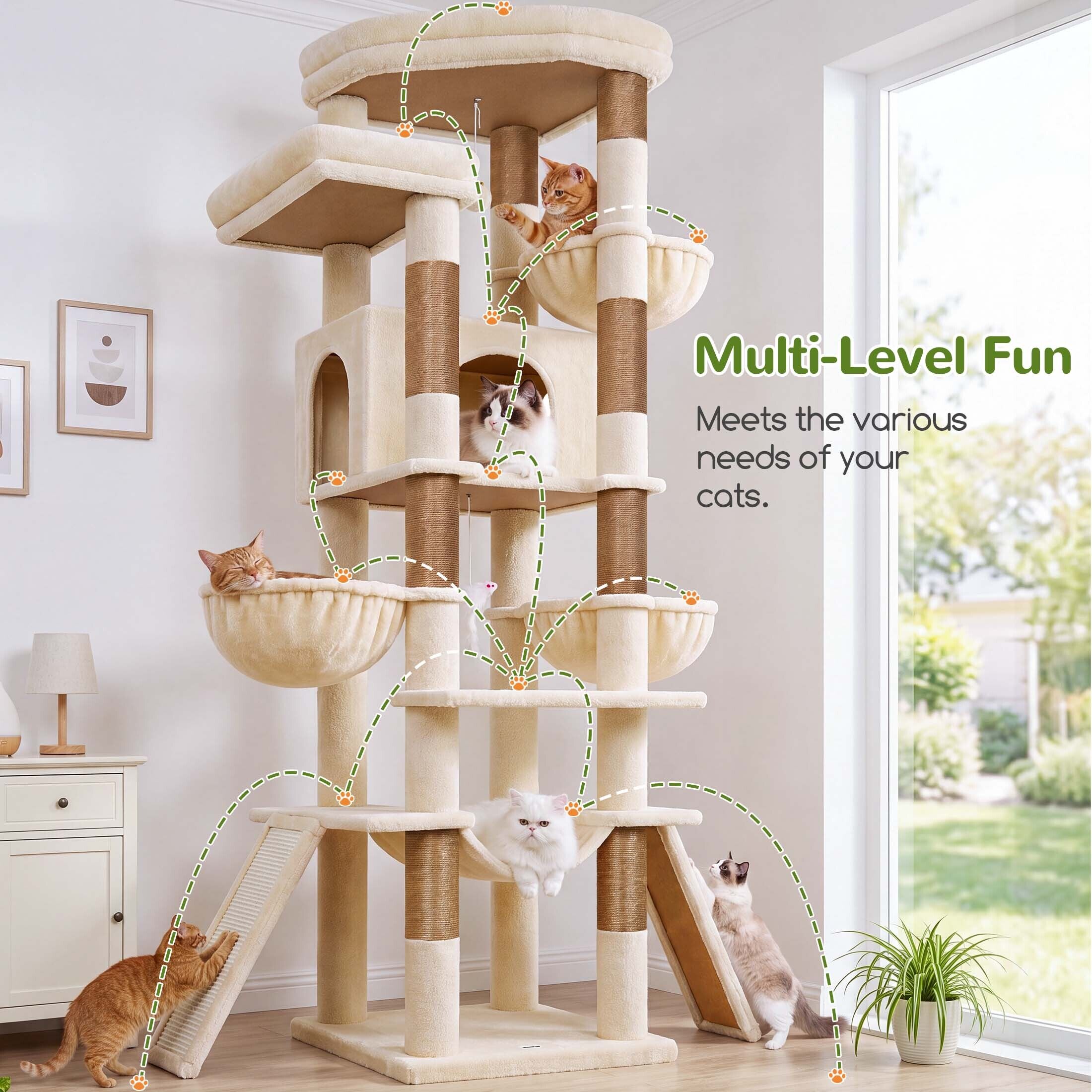Globlazer 75″ Cat Tree Tower Condo with Scratching Post for Indoor Cats, Light Grey