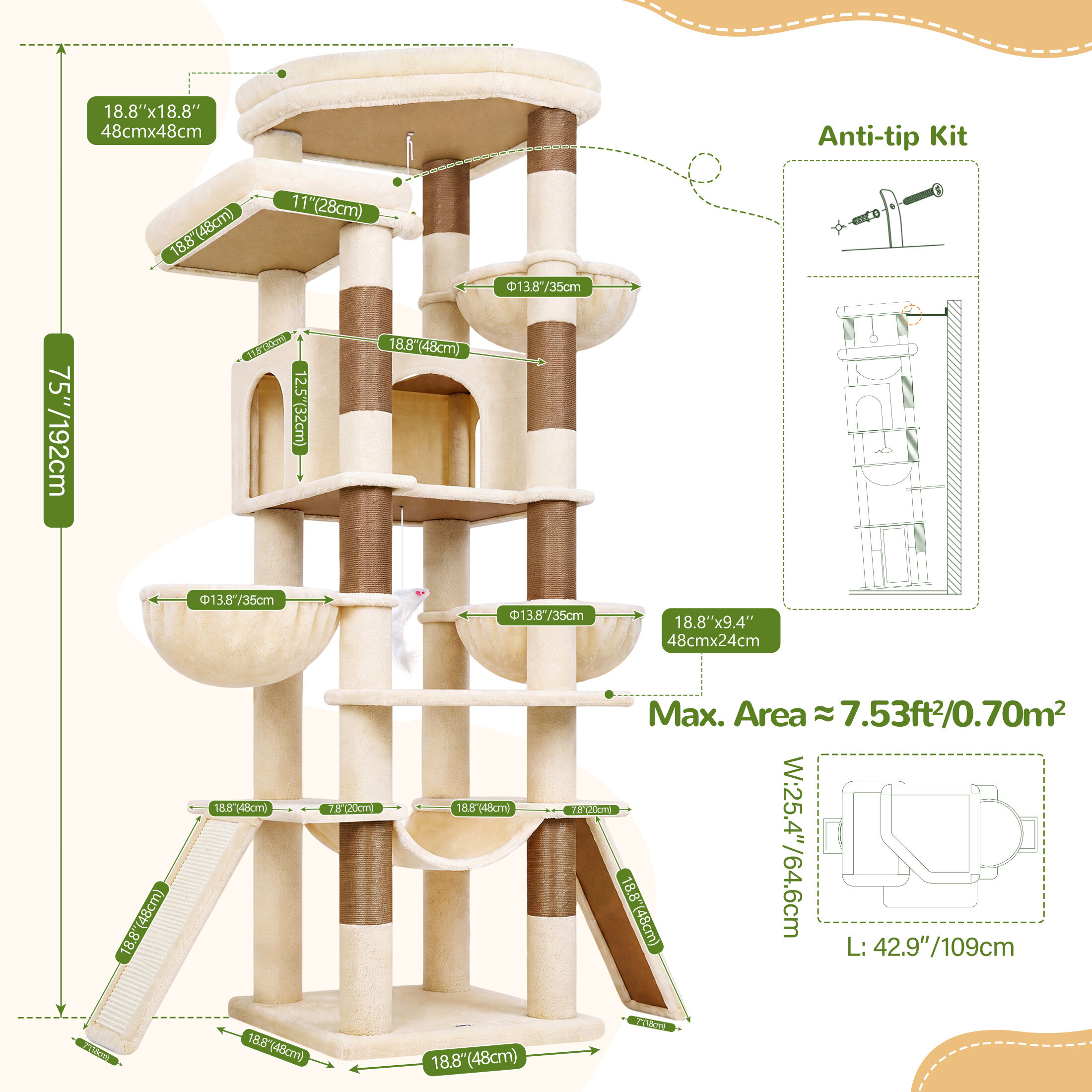 Globlazer 75″ Cat Tree Tower Condo with Scratching Post for Indoor Cats, Light Grey