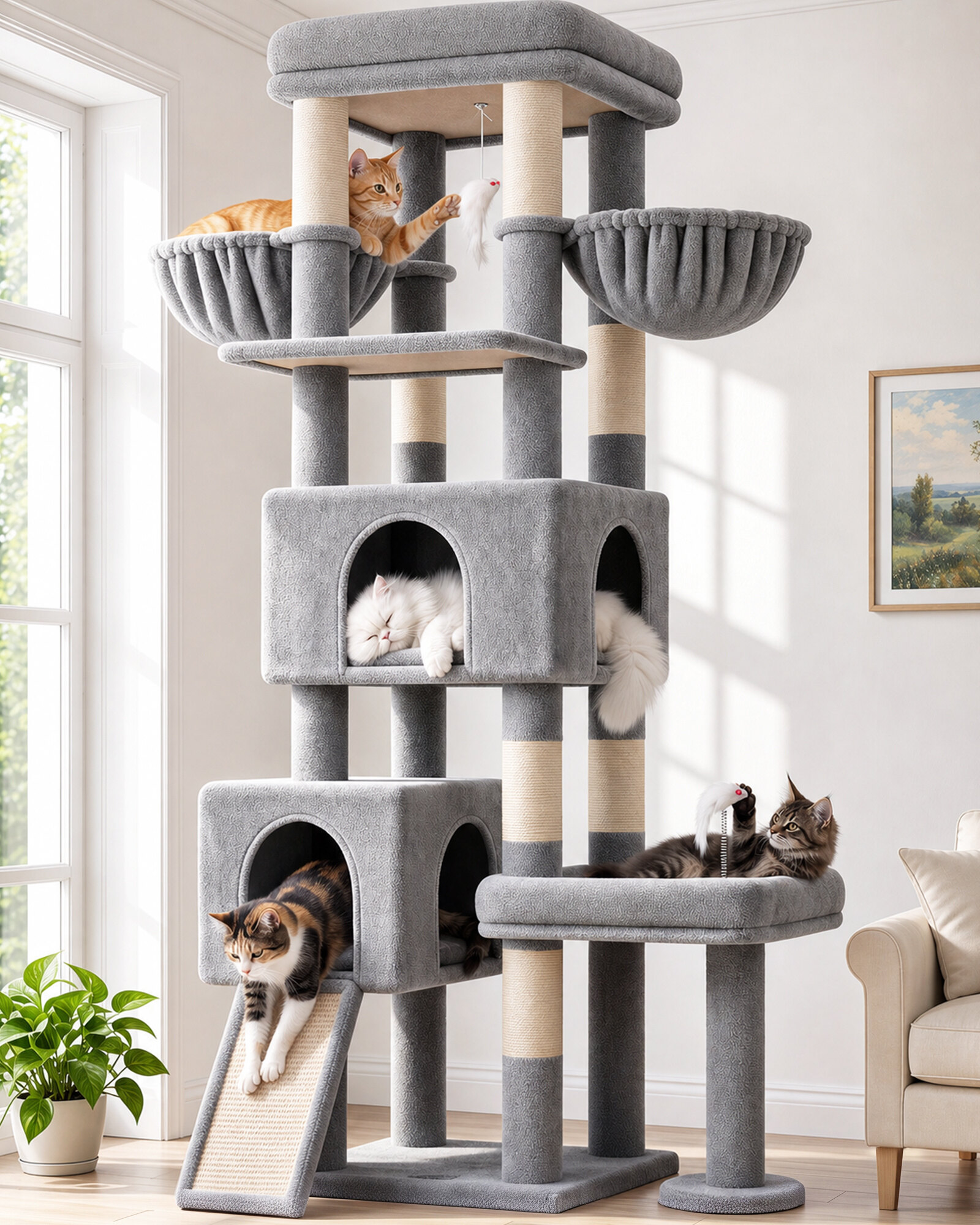 S73B Heavy Duty Cat Tree (Light Grey, 73-inch)