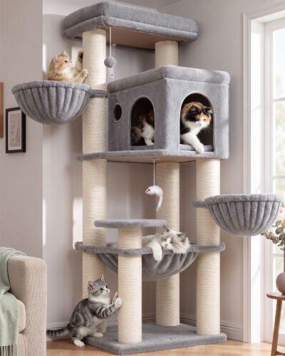 S65G Thick Cat Scratching Post Tree (Light Grey, 65-inch)
