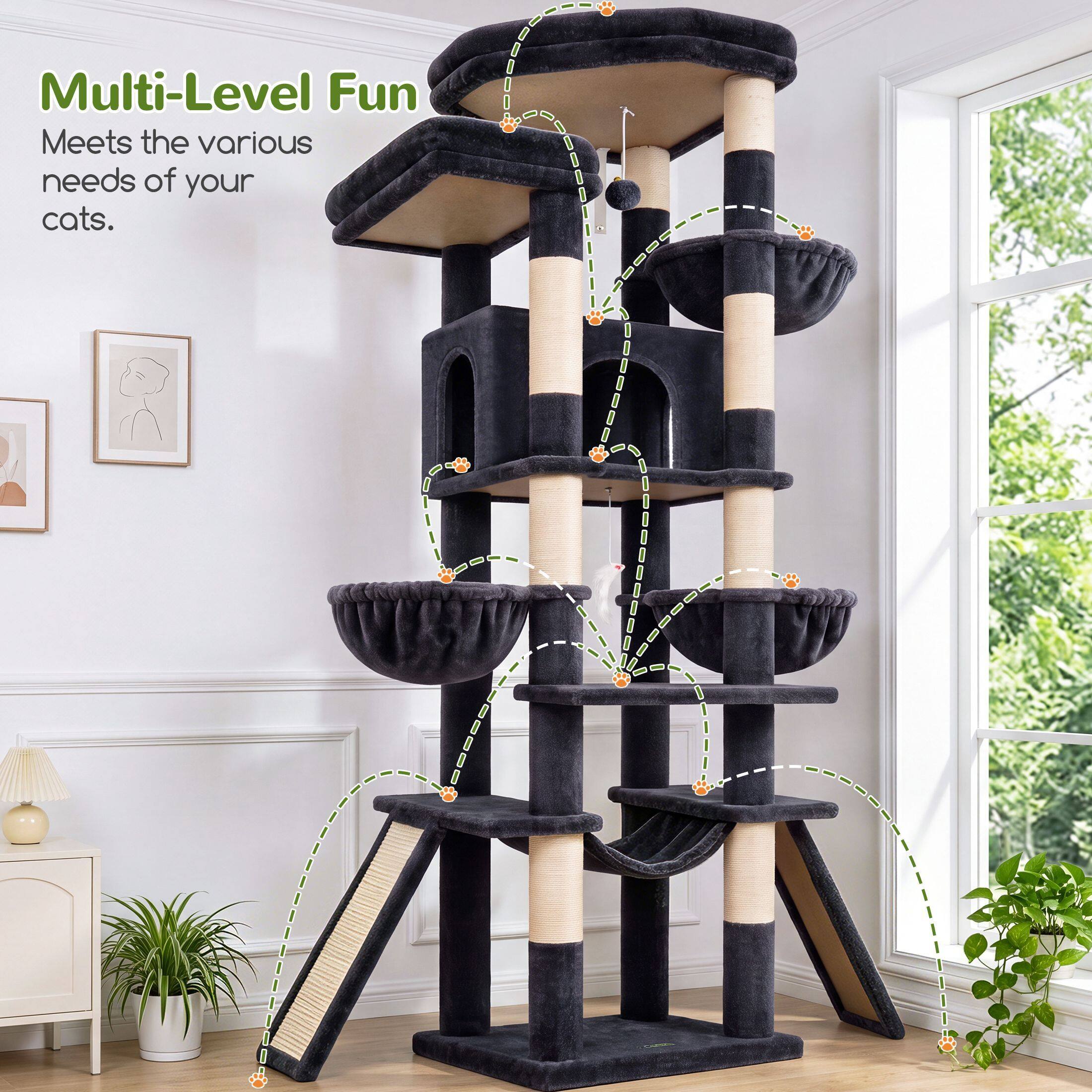 Globlazer 75″ Cat Tree Tower Condo with Scratching Post for Indoor Cats, Dark Grey
