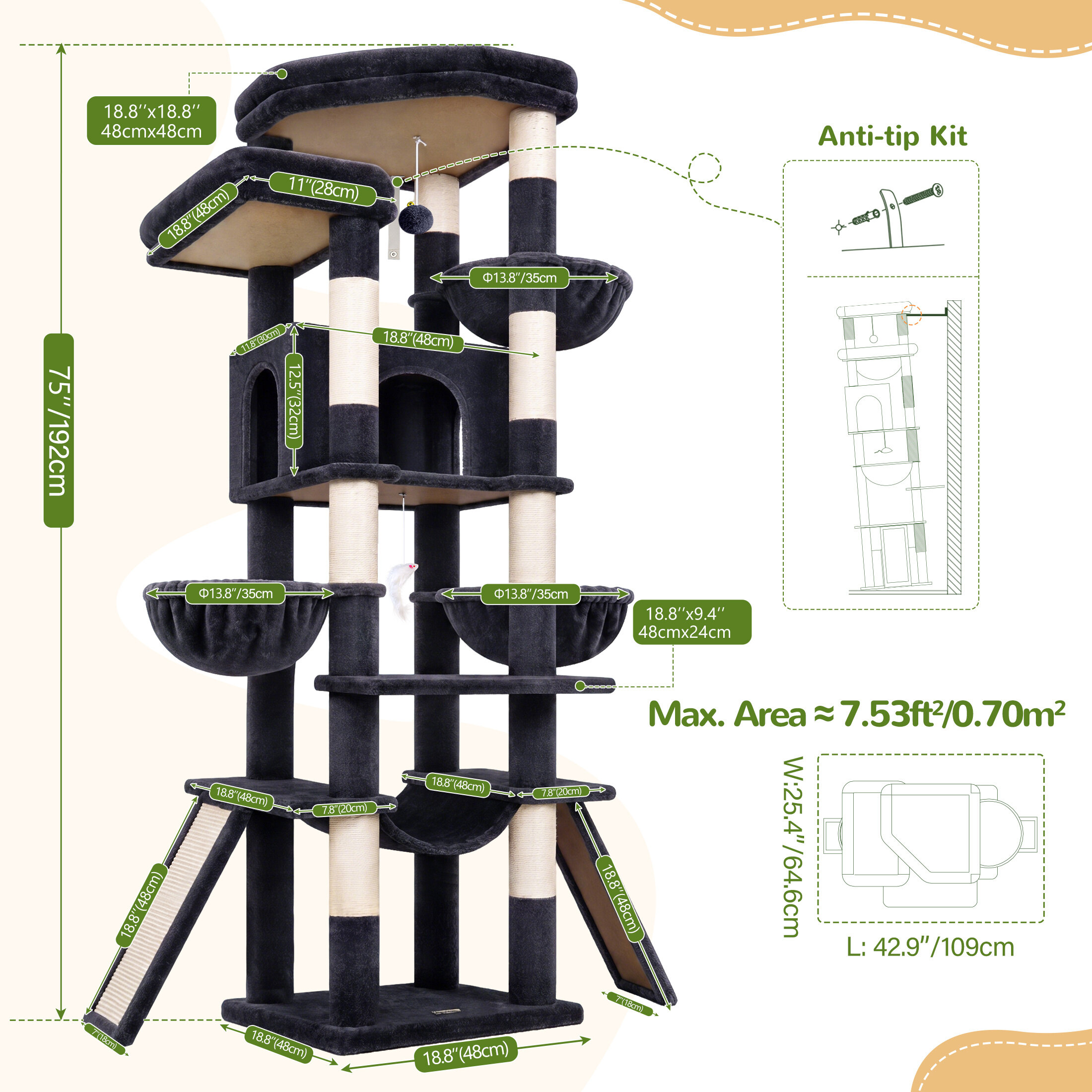 Globlazer 75″ Cat Tree Tower Condo with Scratching Post for Indoor Cats, Dark Grey