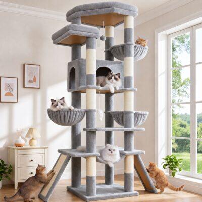 Globlazer 75" Cat Tree Tower Condo with Scratching Post for Indoor Cats, Light Grey
