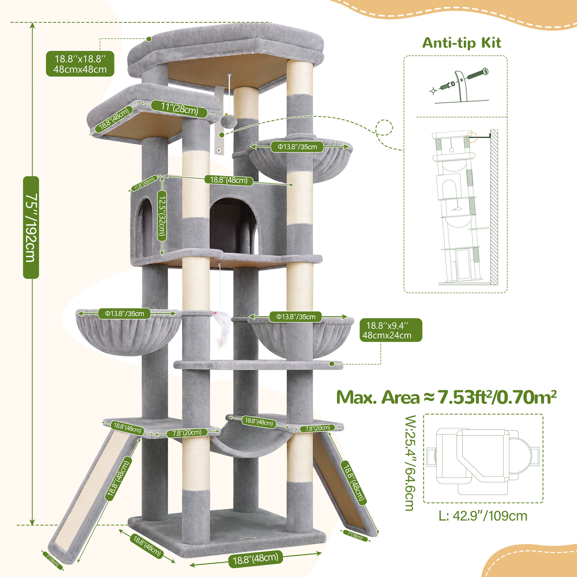 Globlazer 75″ Cat Tree Tower Condo with Scratching Post for Indoor Cats, Light Grey