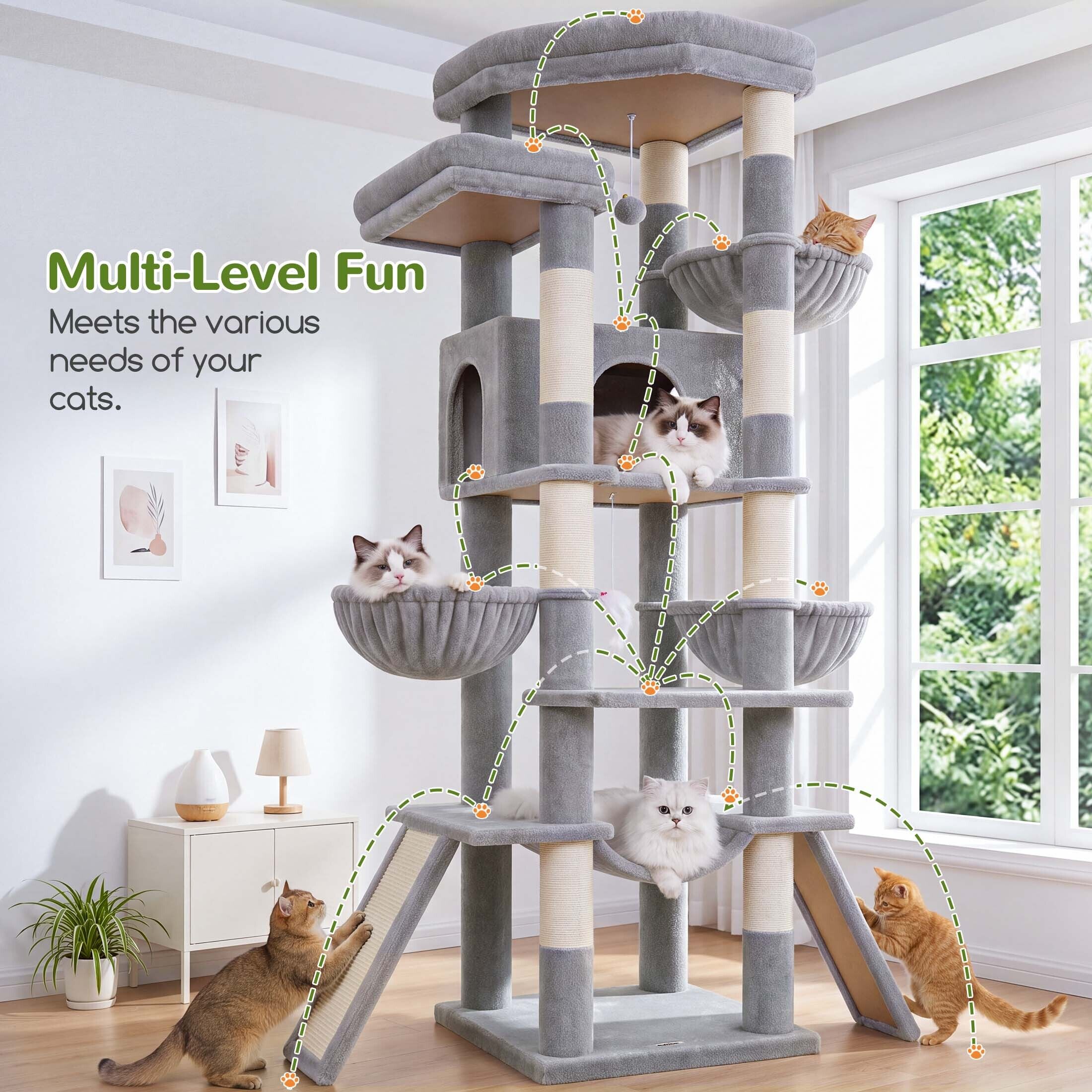 Globlazer 75″ Cat Tree Tower Condo with Scratching Post for Indoor Cats, Light Grey