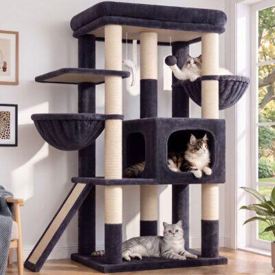 Globlazer 52″ Multi-Level Cat Tree Tower with Extra Large Platform and Scratching Posts, Dark Gray