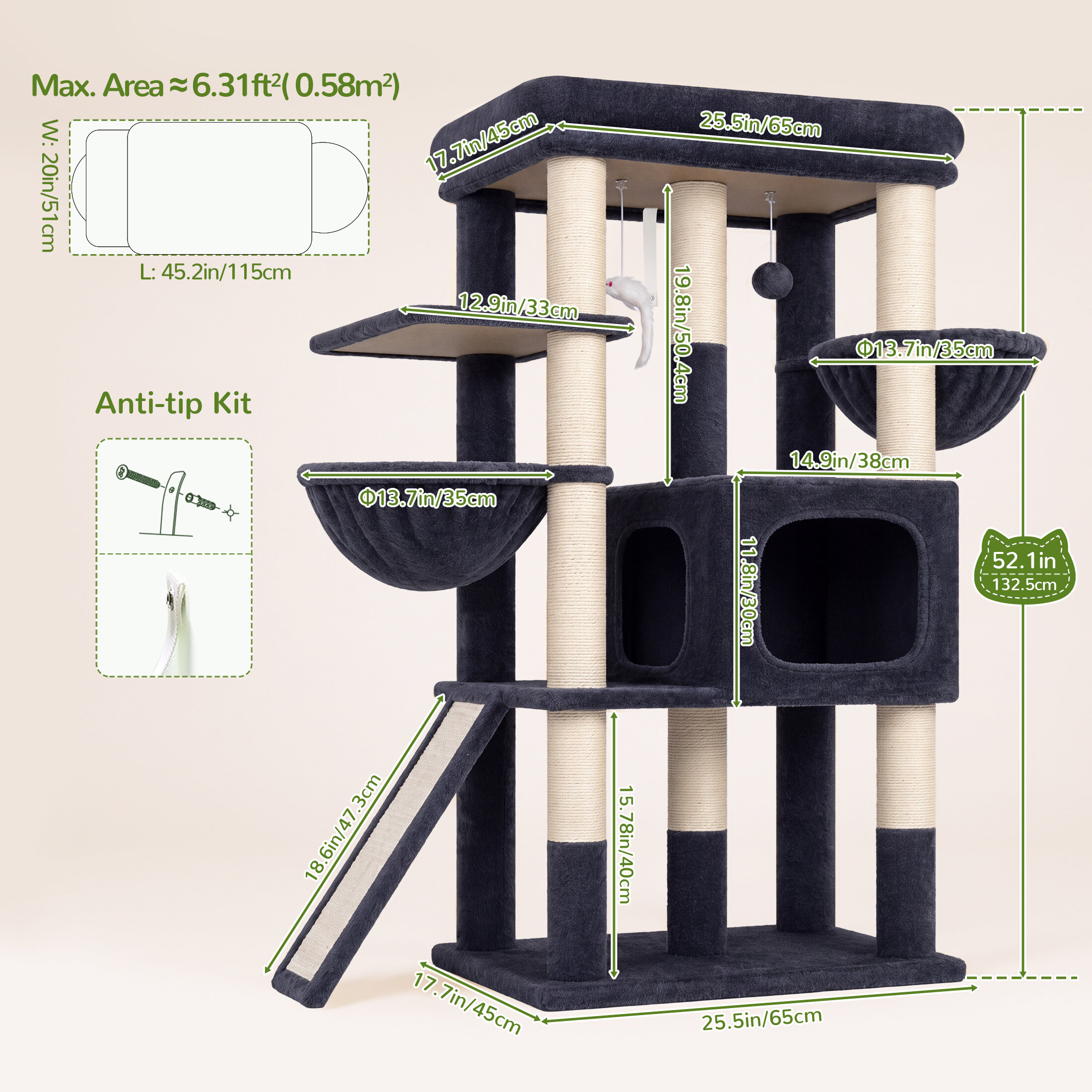 Globlazer 52″ Multi-Level Cat Tree Tower with Extra Large Platform and Scratching Posts, Dark Gray