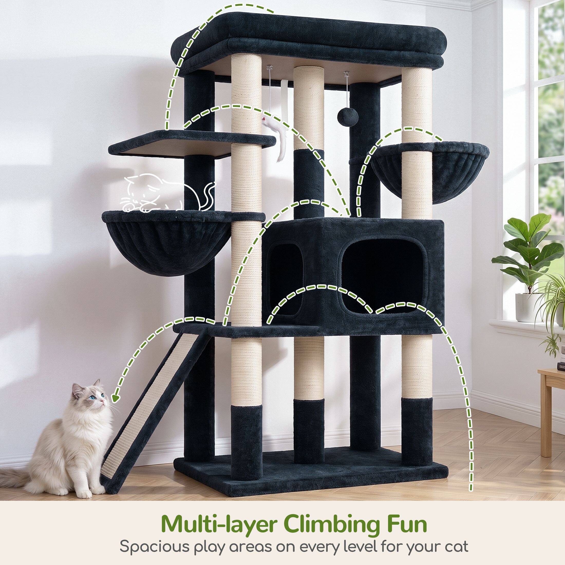 Globlazer 52″ Multi-Level Cat Tree Tower with Extra Large Platform and Scratching Posts, Dark Gray