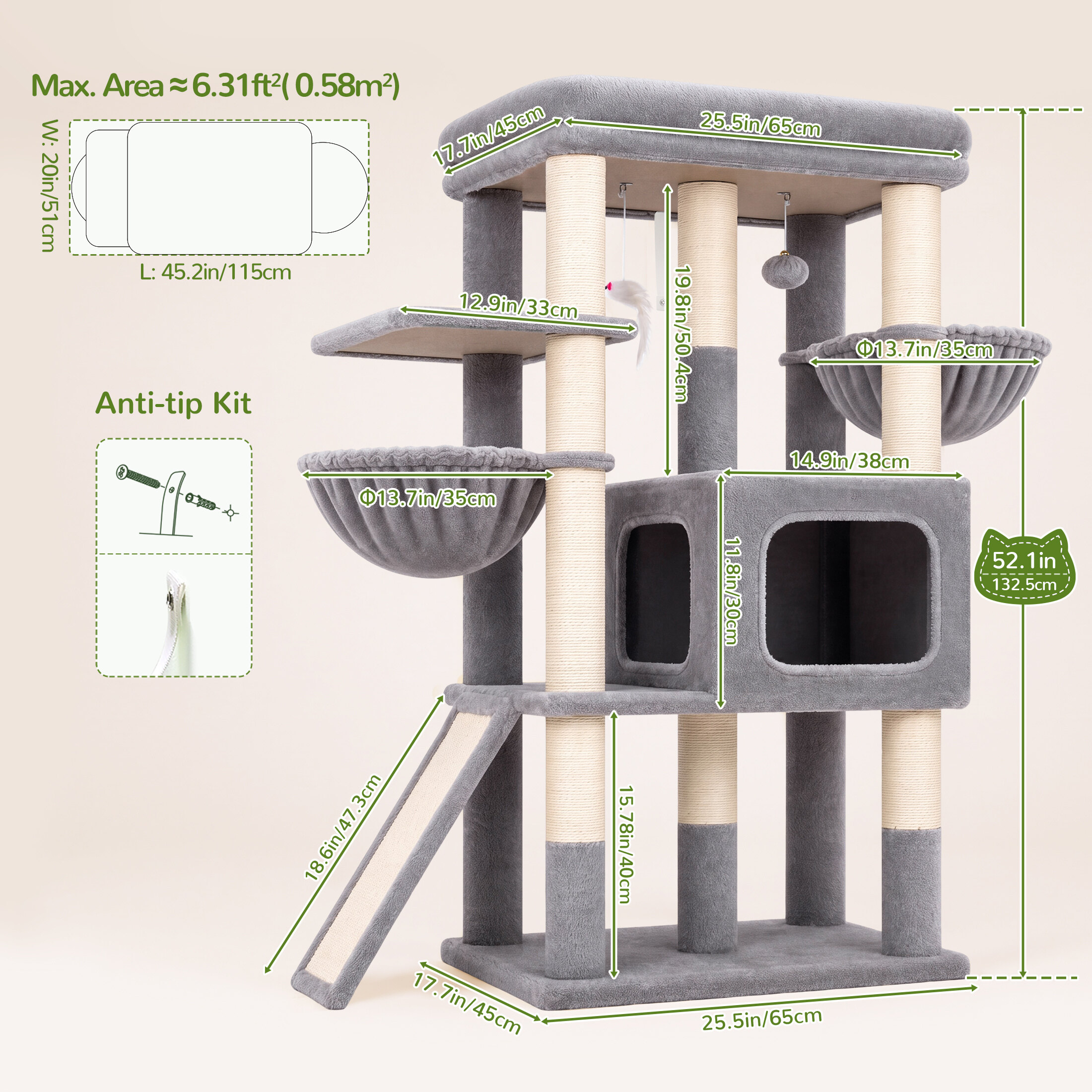 Globlazer 52″ Multi-Level Cat Tree Tower with Extra Large Platform and Scratching Posts, Light Grey