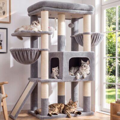 Globlazer 52″ Multi-Level Cat Tree Tower with Extra Large Platform and Scratching Posts, Light Grey