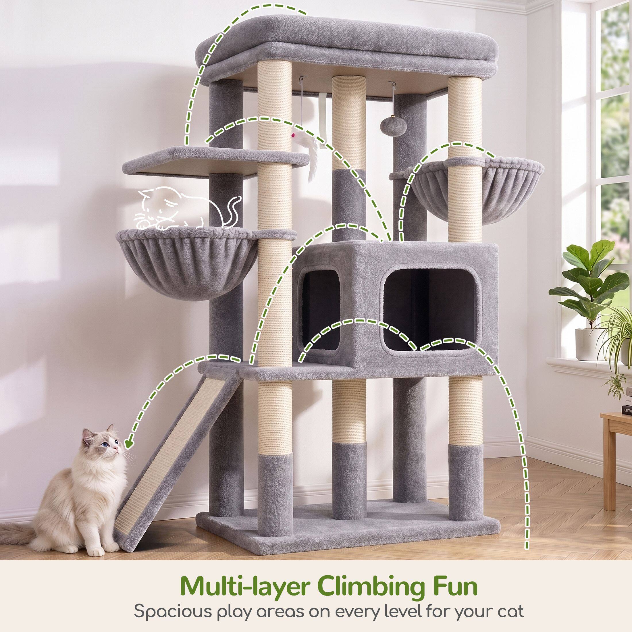 Globlazer 52″ Multi-Level Cat Tree Tower with Extra Large Platform and Scratching Posts, Light Grey