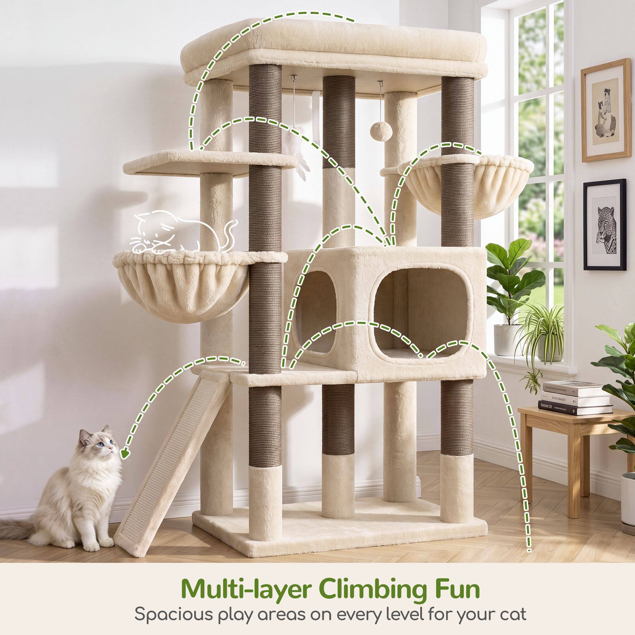 Globlazer 52″ Multi-Level Cat Tree Tower with Extra Large Platform and Scratching Posts, Beige