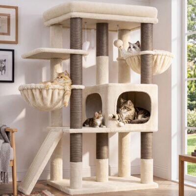 Globlazer 52″ Multi-Level Cat Tree Tower with Extra Large Platform and Scratching Posts, Beige