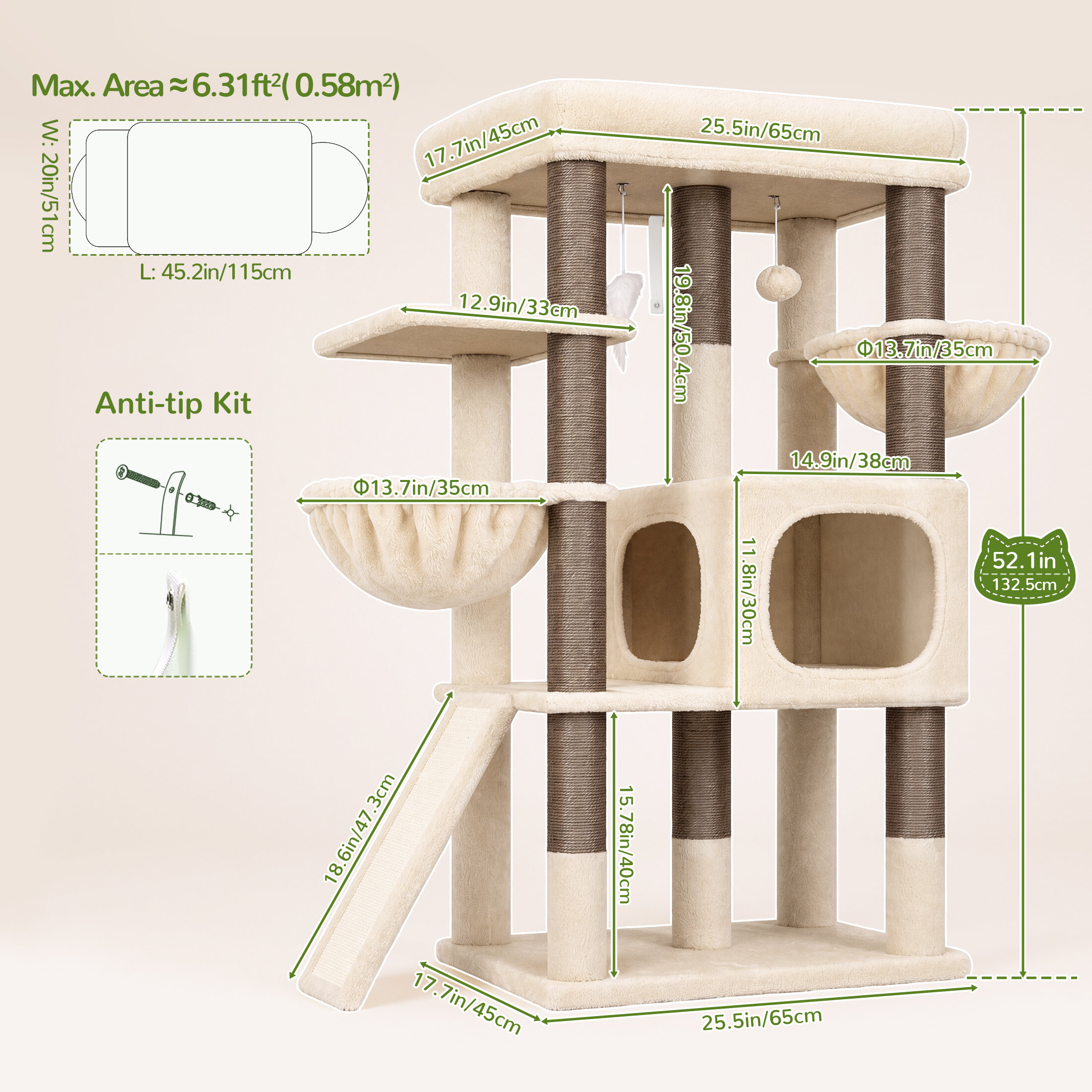 Globlazer 52″ Multi-Level Cat Tree Tower with Extra Large Platform and Scratching Posts, Beige