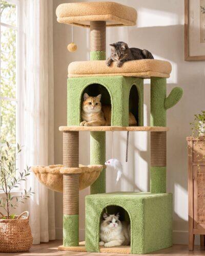 Globlazer Cactus Cat Tree Tower 2 Condo Kitten Scratching Post, F54, Green