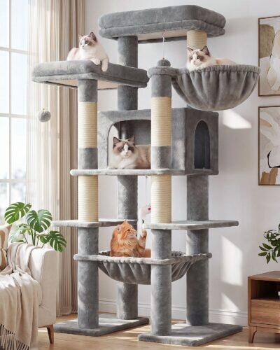 Globlazer XL Giant Cat Tree for Indoor Large Cats, 61in, F61B, Light Grey