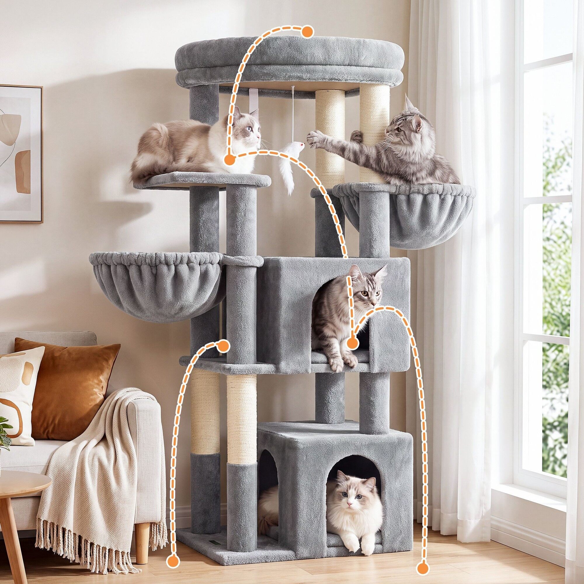 Globlazer 54″ Multi-Leve Cat Tree Tower Condo with Extra Large Perch Platform and 4 Scratching Posts for Indoor Cats, Light Grey