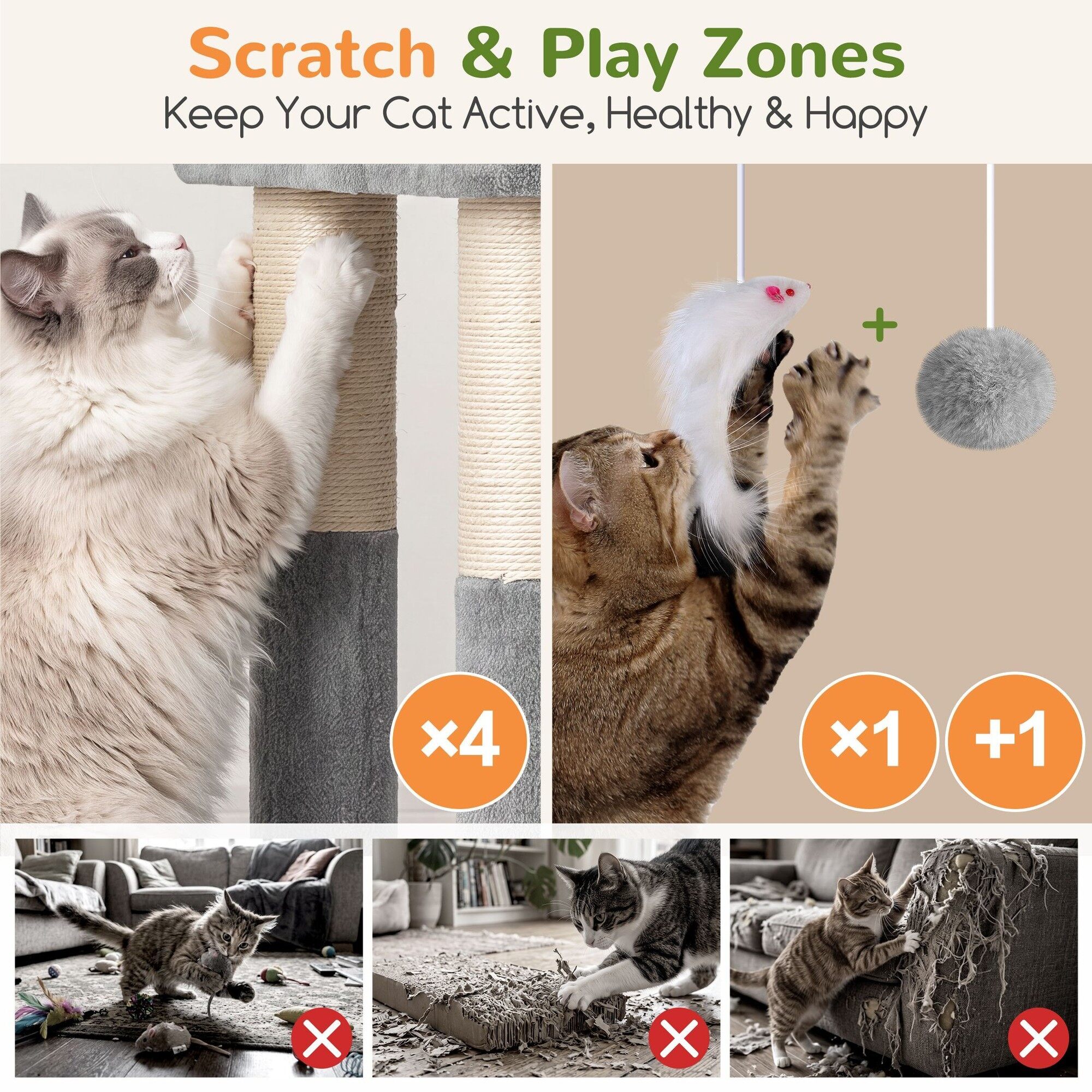 Globlazer 54″ Multi-Leve Cat Tree Tower Condo with Extra Large Perch Platform and 4 Scratching Posts for Indoor Cats, Light Grey