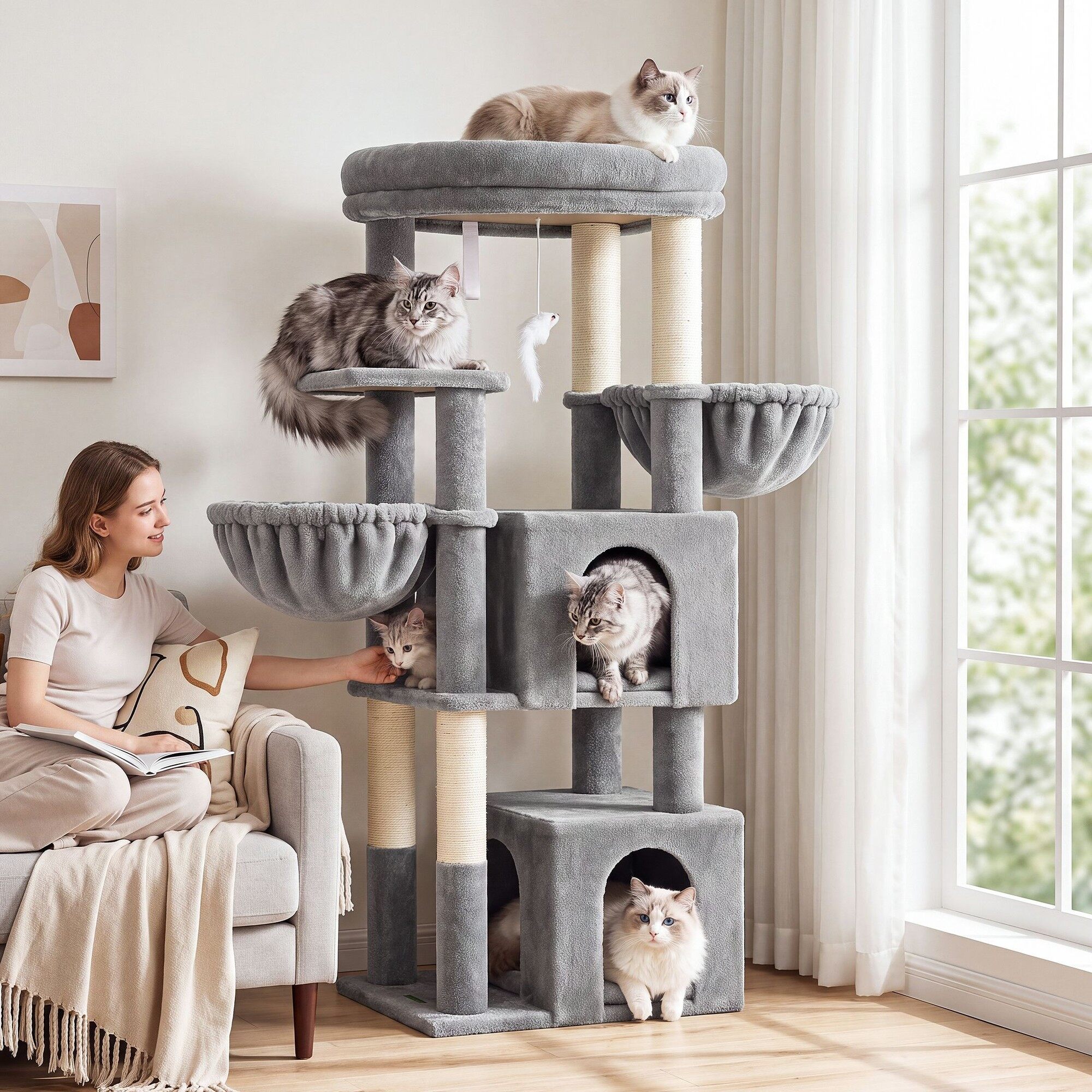 Globlazer 54″ Multi-Leve Cat Tree Tower Condo with Extra Large Perch Platform and 4 Scratching Posts for Indoor Cats, Light Grey