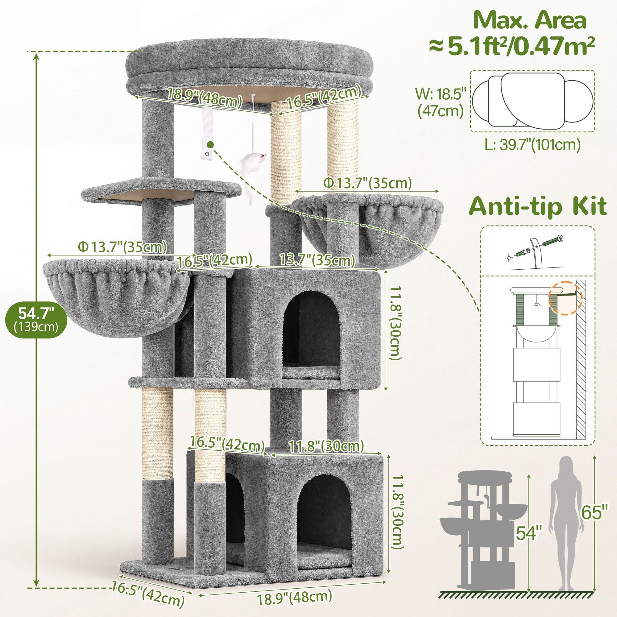 Globlazer 54″ Multi-Leve Cat Tree Tower Condo with Extra Large Perch Platform and 4 Scratching Posts for Indoor Cats, Light Grey