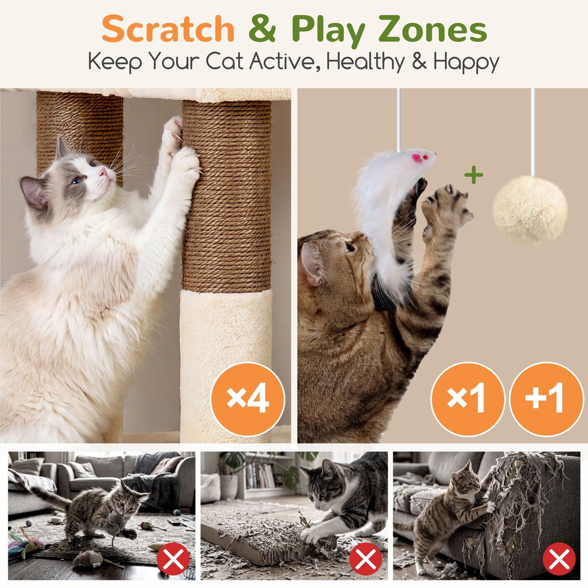 Globlazer 54″ Multi-Leve Cat Tree Tower Condo with Extra Large Perch Platform and 4 Scratching Posts for Indoor Cats, Beige